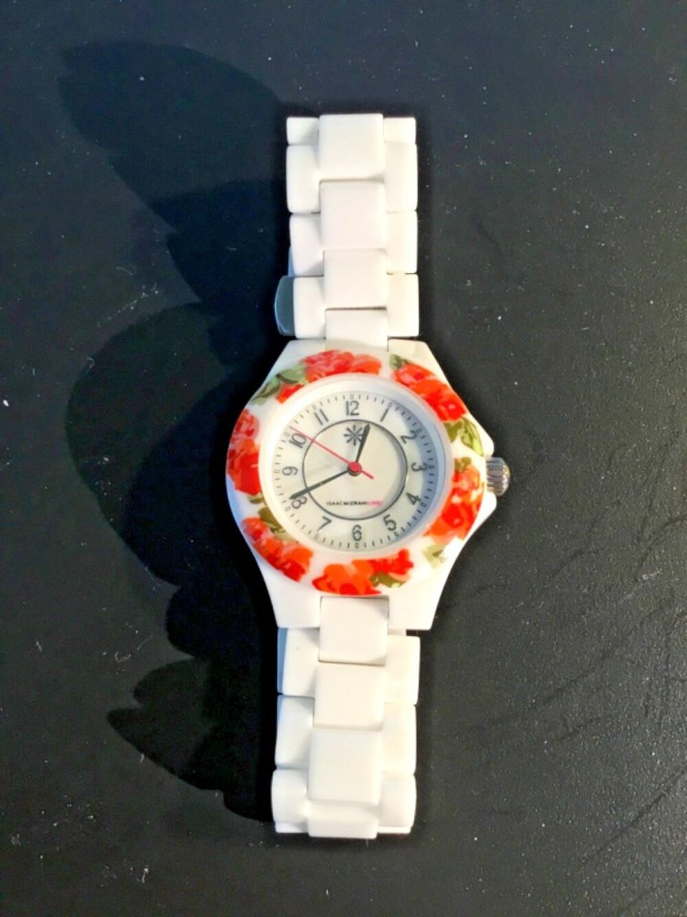 Isaac Mizrahi watch orange/red ceramic links floral bezel silvertone new battery